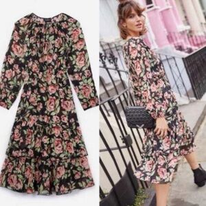The Kooples Black Silk Long Sleeve Neon Rose Floral Print Midi Maxi Dress Sz 1 S